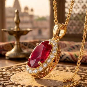 ヴィンテージオーバルラボグロウンルビーペンダントネックレス、ゴールドメッキハローCZ、ステートメントジュエリー