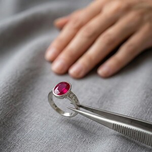 In het lab gekweekte ovale robijnring, 925 sterlingzilver, zirkonia-accenten, geboortesteen juli
