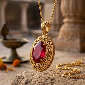May include: A gold pendant necklace with an oval, ruby-red gemstone. The pendant has an ornate, filigree-style setting. The necklace chain is also gold. The jewellery is displayed on a stone surface.