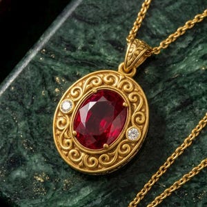 Puede incluir: Un collar con colgante dorado con una piedra preciosa ovalada de color rojo intenso. El colgante está enmarcado por un diseño ornamental y dos pequeñas piedras preciosas transparentes. La cadena del collar también es dorada.