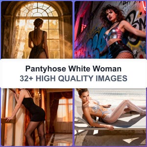 May include: A four-image collage showcasing women in different settings. The images include a woman in a black dress, another in a silver top and shorts, and two others in lingerie. The text "Pantyhose White Woman 32+ HIGH QUALITY IMAGES" is visible.