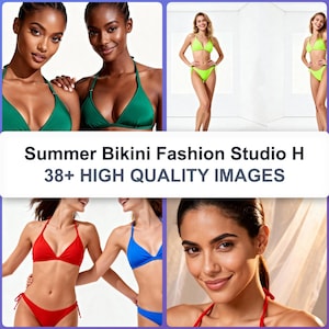 Może przedstawiać: Kolaż zdjęć prezentujący różne style bikini. Na zdjęciach kobiety w zielonych, czerwonych i niebieskich bikini. Tekst "Summer Bikini Fashion Studio H 38+ HIGH QUALITY IMAGES" jest wyświetlany pośrodku kolażu.