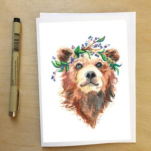 Bear in Blueberries, animal in a flower crown, greeting card by Abigail Gray Swartz