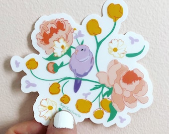 鳥と牡丹のステッカー、ラップトップの装飾、花のステッカー、植物のイラスト入りステッカー、アビゲイル グレイ シュワルツ作