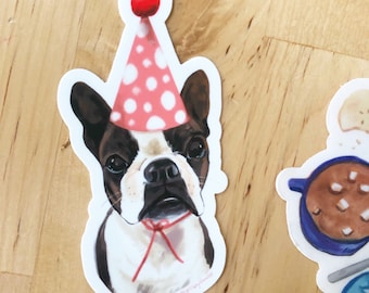 Birthday pup sticker, Boston terrier dog pet portrait sticker, laptop decor