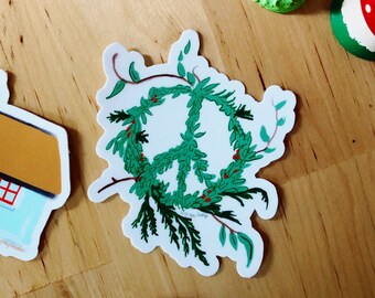 Peace wreath sticker, winter festive evergreen sticker, labtop decor
