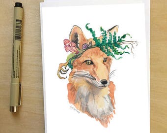 Foraging Fox, woodland animal portrait greeting card by Abigail Gray Swartz