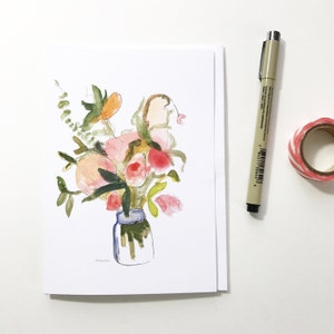 Pink flowers in a jar, 5x7 card, Ready to Ship greeting card