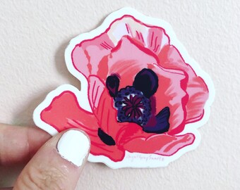 Pink Poppy sticker, labtop decor, floral sticker, illustrated botanical sticker, by Abigail Gray Swartz
