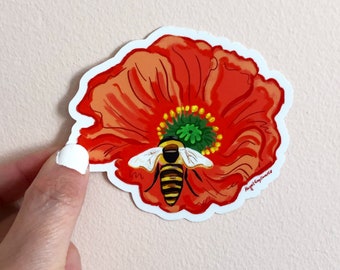 Poppy and Bee sticker, labtop decor, illustrated floral sticker, Flower sticker, botanical art by Abigail Gray Swartz