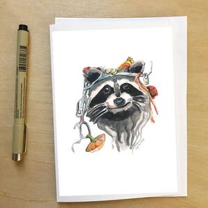Dumpster Diving Raccoon, wenskaart van Abigail Gray Swartz, Halloween en herfst geïnspireerd wezen