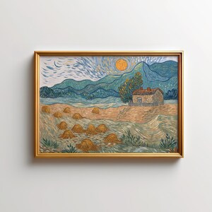May include: A framed landscape painting with a gold frame. The artwork depicts a rural scene with rolling hills, a farmhouse, and haystacks under a starry sky and a bright sun. The color palette includes blues, greens, and yellows.