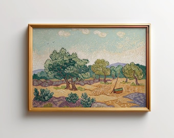 Pintura de um olival, paisagem mediterrânea, cena da natureza pintada à mão, arte campestre vintage, decoração original para casa, vista rústica de árvores.