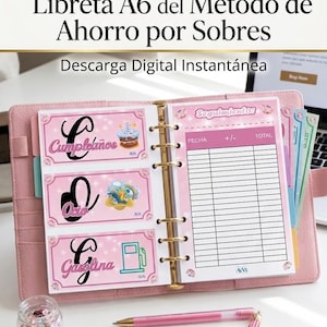 May include: A pink A6 binder with budgeting inserts. The inserts feature pink backgrounds and illustrations. The binder is open, showing budgeting pages, a pen, and a jar of sequins.