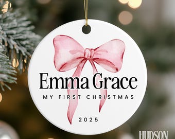 Baby's First Christmas Ornament, Personalized 1st Christmas Gift, Baby Girls Ornament, Custom Coquette Pink Bow Ornament with Name and Date