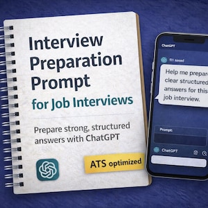 Peut inclure: Image d'un cahier à spirales et d'un smartphone sur fond bleu. Le cahier affiche "Interview Preparation Prompt for Job Interviews" avec le logo ChatGPT. Le téléphone montre une conversation avec le texte "Help me prepare clear structured answers for this job interview."