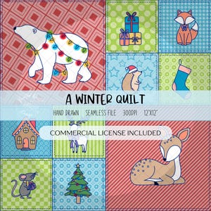 May include: A Winter Quilt design featuring a polar bear with Christmas lights, a fox, a deer, and other winter-themed illustrations. The design includes the text "A Winter Quilt" and is a seamless file, 12"x12".