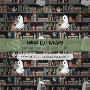 May include: A seamless pattern featuring a haunted library design. The image shows bookshelves filled with books, pumpkins, plants, and ghosts. The text "HAUNTED LIBRARY" and "COMMERCIAL LICENSE INCLUDED" are also visible.