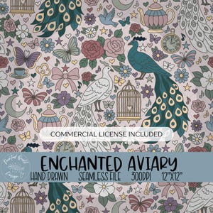 May include: A seamless pattern featuring a whimsical design with peacocks, doves, butterflies, flowers, teacups, and clocks. The design includes the text "ENCHANTED AVIARY" and is 12"x12". The color palette includes shades of pink, blue, and purple.