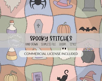 May include: A seamless digital file featuring Halloween-themed illustrations on a patchwork background. The design includes a ghost, spider, witch hat, tombstone, potion bottle, coffin, pumpkin, bat, candy corn, cauldron, spell book, black cat, and skull witch hat. The text reads "Spooky Stitches".