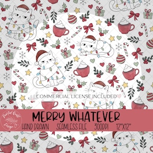 Könnte beinhalten: Ein nahtloses Muster mit grimmigen weißen Katzen mit Weihnachtsmützen und Lichterketten, umgeben von Geschenken, Ornamenten und Zuckerstangen. Der Text "MERRY WHATEVER" ist enthalten.
