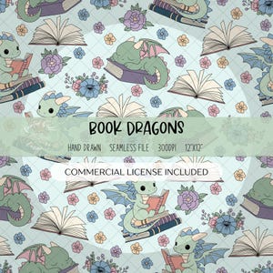 May include: A seamless pattern featuring cartoon dragons reading books, with open books and floral accents in shades of blue, green, purple, and pink. The text "Book Dragons" is displayed.