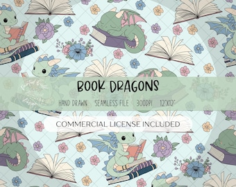 May include: A seamless pattern featuring cartoon dragons reading books, with open books and floral accents in shades of blue, green, purple, and pink. The text "Book Dragons" is displayed.