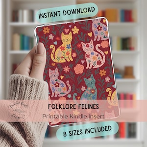 Puede incluir: Una funda roja para Kindle con un diseño floral de gatos. La funda presenta el texto "FOLKLORE FELINES" y "8 TAMAÑOS INCLUIDOS". El diseño incluye gatos y flores coloridos. También es visible el texto "DESCARGA INSTANTÁNEA".