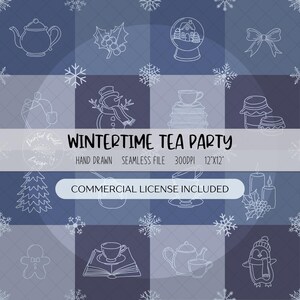 May include: A digital illustration featuring winter-themed elements like teapots, snowmen, and snowflakes. The design includes the text "Wintertime Tea Party" and "Commercial License Included" on a blue and gray checkered background.
