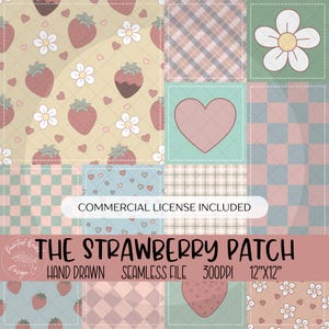 May include: A digital seamless file named "The Strawberry Patch" featuring strawberry, heart, and flower patterns. The hand-drawn file measures 30.48cm x 30.48cm, 300 DPI. Includes a commercial license.
