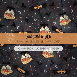 May include: Seamless digital paper with a dark background featuring dragons, books, stars, and crescent moons. The text "DRAGON RIDER" is displayed in the center. The design includes a commercial license.