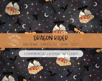 May include: Seamless digital paper with a dark background featuring dragons, books, stars, and crescent moons. The text "DRAGON RIDER" is displayed in the center. The design includes a commercial license.