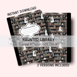 Peut inclure: Deux cahiers noirs avec un motif de bibliothèque hantée. Le motif comprend des étagères, des fantômes, des citrouilles et des chats. Les cahiers affichent le texte "INSTANT DOWNLOAD", "HAUNTED LIBRARY" et "2 VERSIONS INCLUDED".