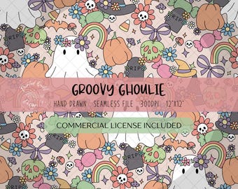 Halloween Seamless Pattern || 300 DPI || Seamless File for Digital Papers, Vinyl Fabric, Surface Design || Ghost || PNG || Groovy Ghoulies