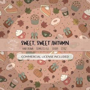 Peut inclure: Un motif répété avec des illustrations d'automne, notamment des citrouilles, des feuilles d'érable, des cupcakes, des tasses à café, des beignets et des pommes au caramel. Le texte "SWEET, SWEET AUTUMN" est affiché. Le design est dessiné à la main et comprend une licence commerciale.