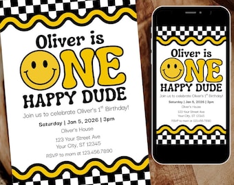 One Happy Dude Invitation Template, Editable Boy First Birthday Party Invite, Smiley Face Birthday Canva Digital Download
