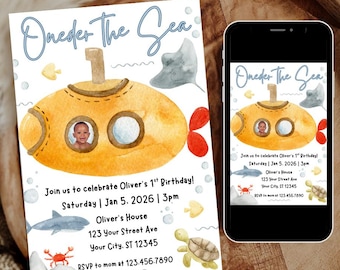 Oneder the Sea Birthday Invitation Under the Sea 1st Birthday Invite with Photo Ocean Animals Party Template Editable Canva Digital Download