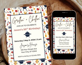 BBQ Invitation Template, Backyard Cookout Birthday Party Invite, Grill and Chill Summer Party Invite, Editable Canva Digital Download