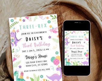 Dinosaurier-Geburtstagseinladung, bearbeitbare Drei Rex-Party einladen, T-Rex-Dino-Geburtstagsvorlage, Pastell-Dinosaurier-Mädchen-Geburtstag, Canva-Download