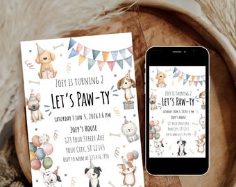 Let’s Pawty Birthday Invitation, Puppy Birthday Party Invite, Two Let the Dogs Out Theme, Editable Dog Party Canva Template Digital Download