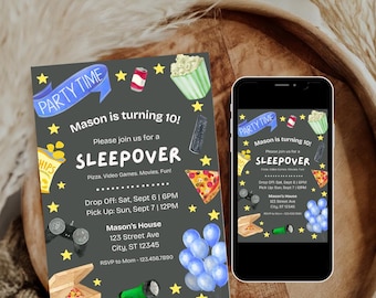 Boys Sleepover Birthday Invitation, Pajama Party Invite, Gaming Night Party Invite, Boys Sleepover Template, Editable Canva Digital Download