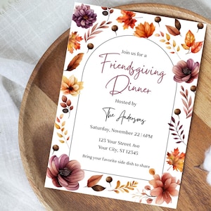 Fall Floral Friendsgiving Invitation, Editable Thanksgiving Dinner Template, Autumn Flower Party Invite, Printable Digital Download