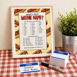 May include: A framed print with the text "What's Your Weenie Name?" and a hot dog theme. Includes a stack of name tags, a marker, and a small potted plant. One name tag reads "Jumbo Hot Buns."