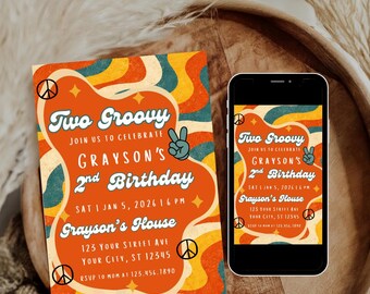 Zwei Groovy-Geburtstagseinladung, Retro-Geburtstagsfeier einladen, mutige Groovy-Themavorlage, bearbeitbare Canva-Download