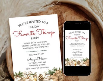 May include: A white invitation card with the text "You're Invited to a Holiday Favorite Things Party" in red and black. The card includes event details and decorative illustrations of holiday items. A smartphone displays the same invitation.