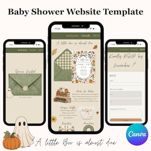 May include: Three smartphone screens displaying a baby shower website template with a fall theme. The design features sage green and cream colors, ghost illustrations, pumpkins, and autumn leaves. Text includes A little boo is almost due and RSVP.