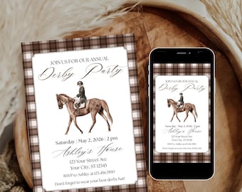 Kentucky Derby Party Einladung, Run for the Roses Einladungsvorlage, Pferderennen Uhrenparty, bearbeitbarer Canva Digital Download