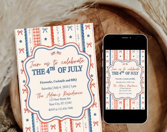 May include: An invitation for a 4th of July celebration, featuring a design with red, white, and blue elements. The invitation includes text, stars, and bow details. A smartphone displays the same invitation design.