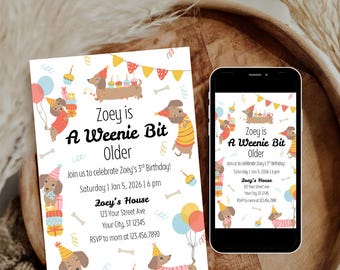 Weenie Bit Older Birthday Invitation Template, Dachshund Birthday Party Invite, Wiener Dog Puppy Party Template, Editable Canva Download