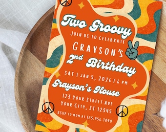 Zwei Groovy 2. Geburtstagseinladung, Retro Groovy Geburtstagseinladung, mutige Farbpartyvorlage, bearbeitbarer Canva-Download